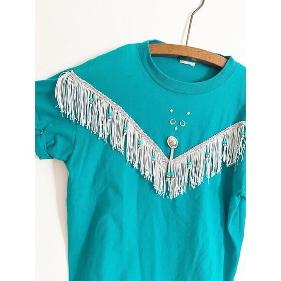 Vintage Western Turquoise Fringe Hazelwoods Size Medium T Shirt - Picture 3 of 13